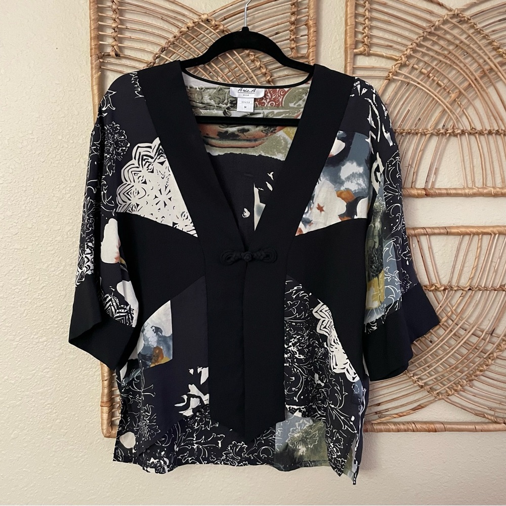Vintage Anis A. 100% Silk Kimono Jacket Art To Wear Abstract Women's Sz M  B24‎